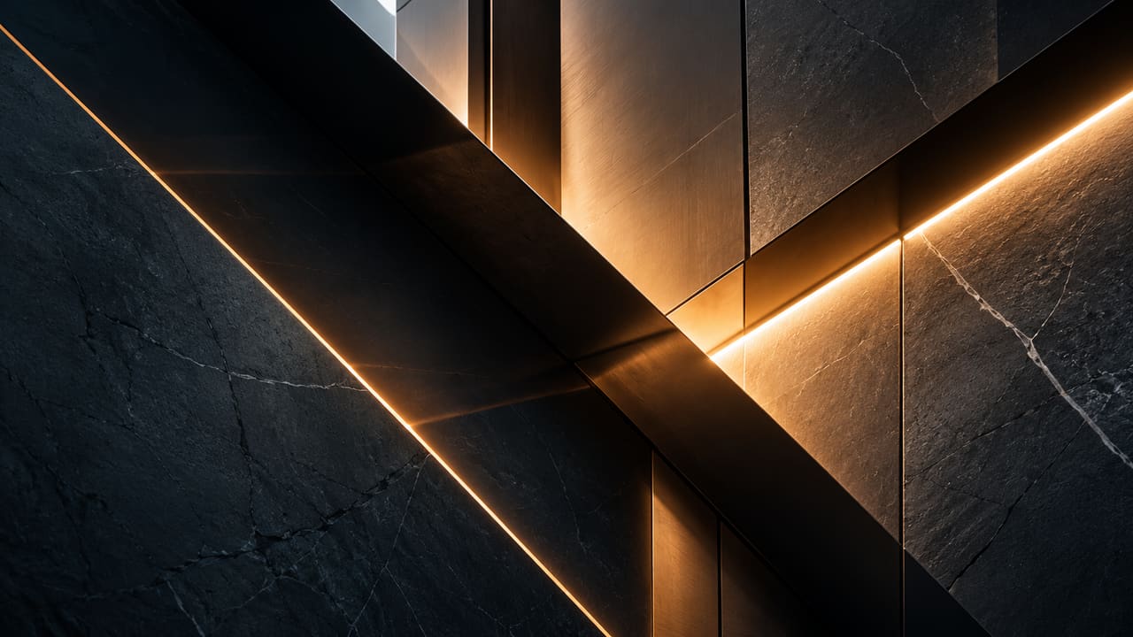 Bronze and dark stone surfaces meeting along lit diagonal edges