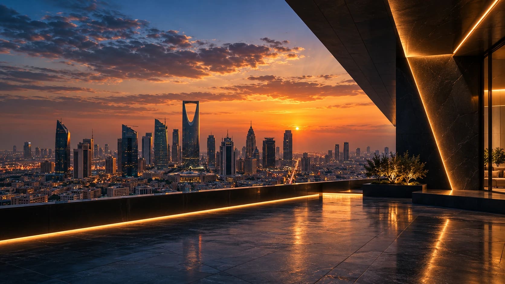 A stone terrace at sunset overlooking the Riyadh skyline and Kingdom Centre