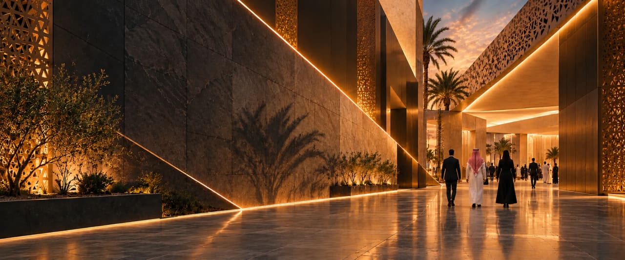 People walking along a stone walkway with mashrabiya screens and palm trees at dusk